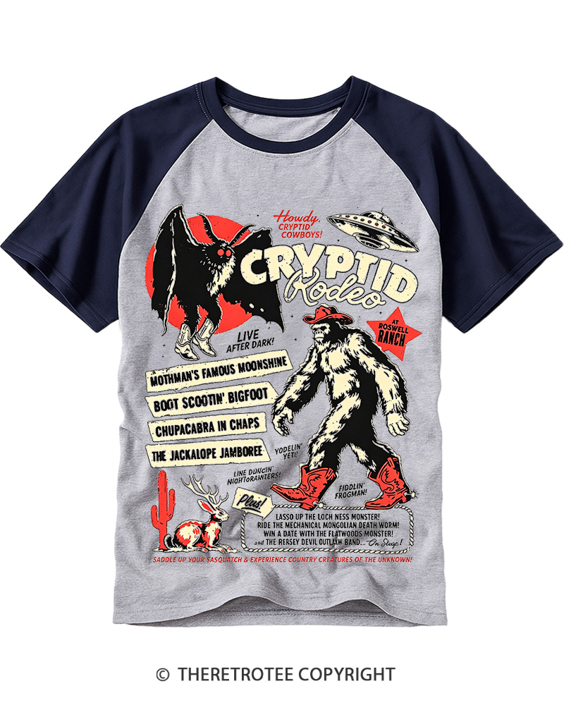 TheRetroTee Cryptid Rodeo Mothman Chupacabra Jackalope Cowboy 1970s Raglan Baseball T-Shirt