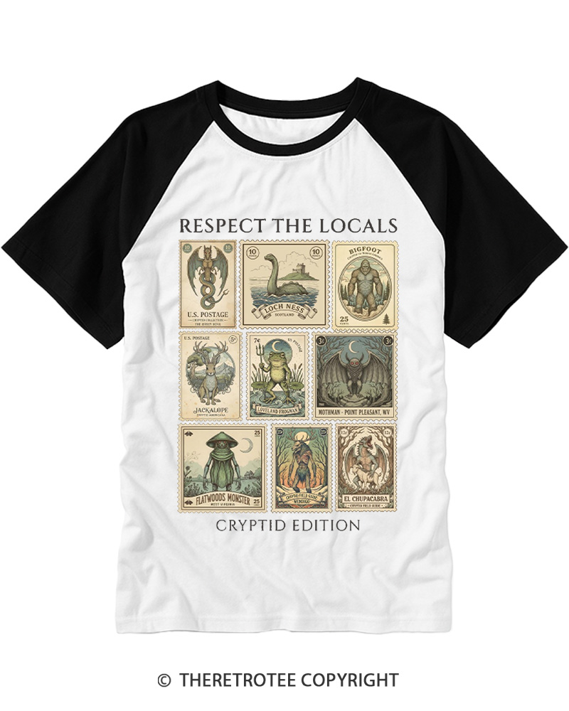 TheRetroTee Cryptid Stamp Graphic 1970s Raglan Baseball T-Shirt