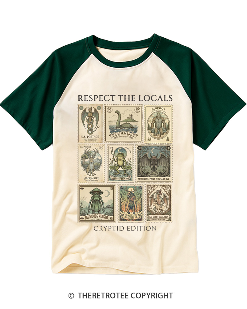 TheRetroTee Cryptid Stamp Graphic 1970s Raglan Baseball T-Shirt