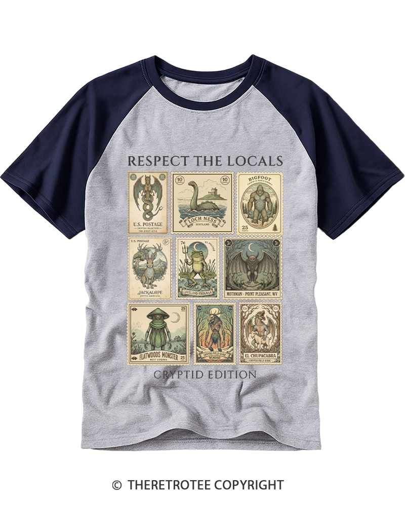 TheRetroTee Cryptid Stamp Graphic 1970s Raglan Baseball T-Shirt