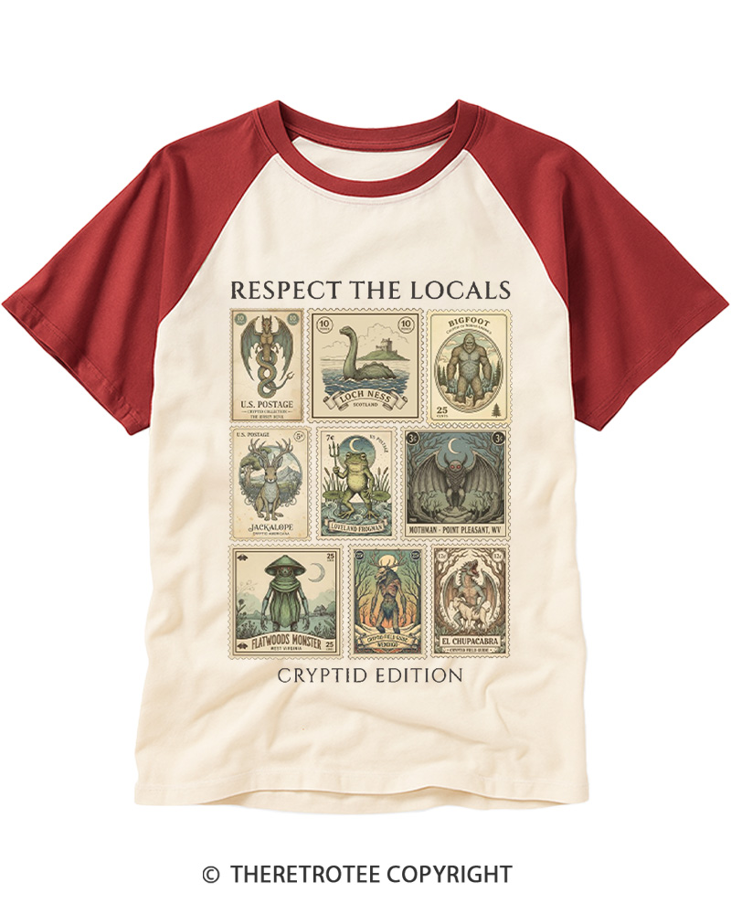 TheRetroTee Cryptid Stamp Graphic 1970s Raglan Baseball T-Shirt
