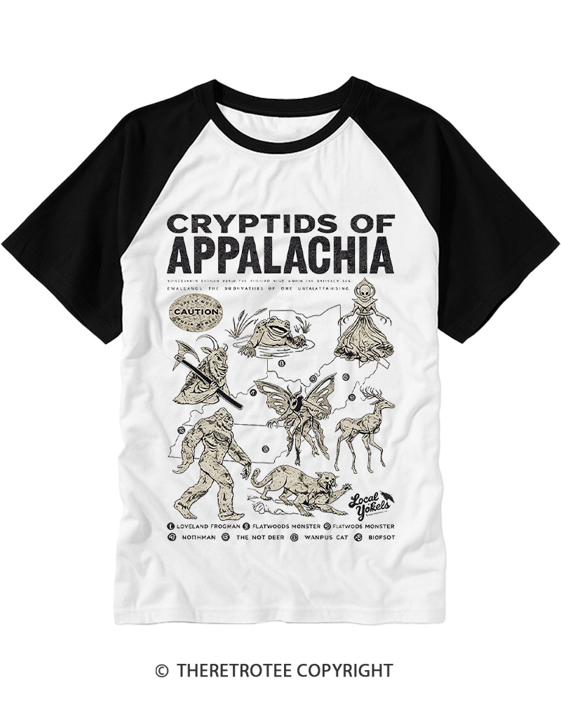 TheRetroTee Cryptids of Appalachia 1970s Raglan Baseball T-Shirt