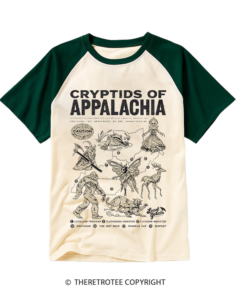 TheRetroTee Cryptids of Appalachia 1970s Raglan Baseball T-Shirt