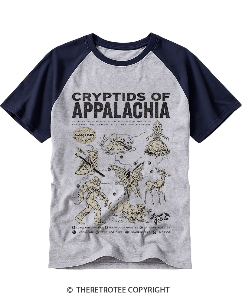 TheRetroTee Cryptids of Appalachia 1970s Raglan Baseball T-Shirt