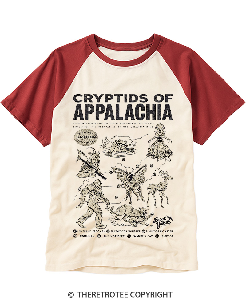 TheRetroTee Cryptids of Appalachia 1970s Raglan Baseball T-Shirt