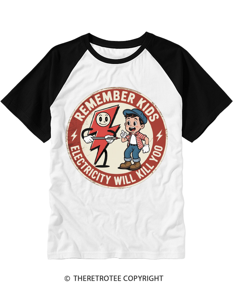 TheRetroTee Electricity Will Kill You Kids Raglan Baseball T-Shirt