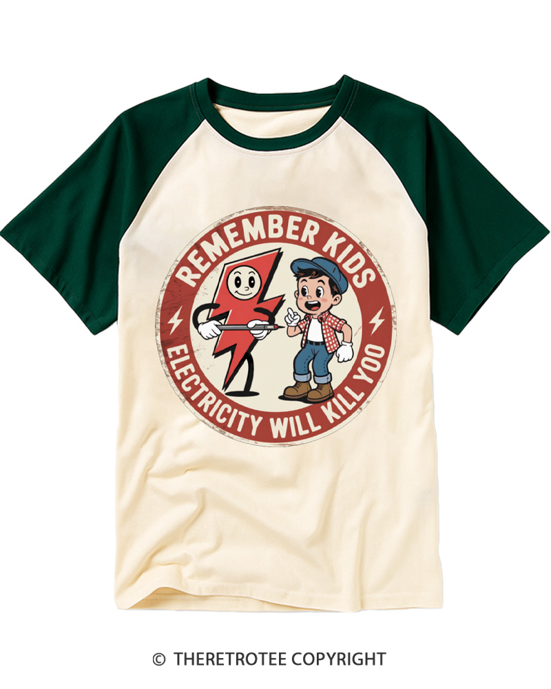 TheRetroTee Electricity Will Kill You Kids Raglan Baseball T-Shirt