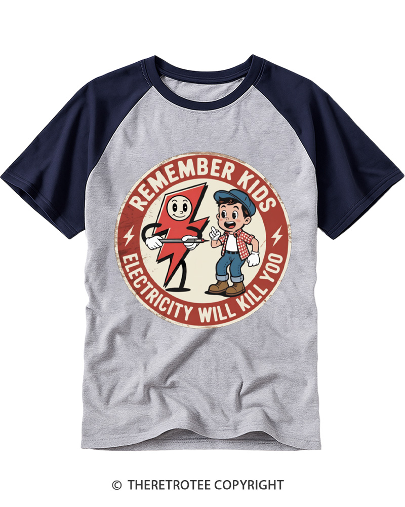 TheRetroTee Electricity Will Kill You Kids Raglan Baseball T-Shirt