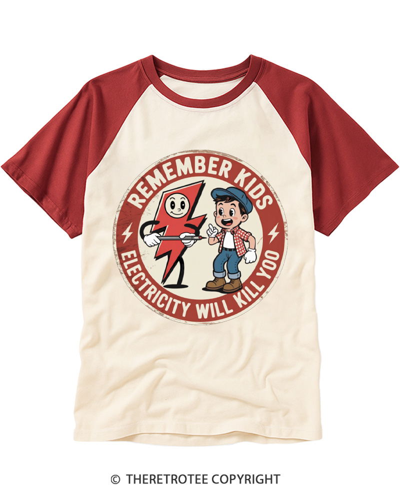 TheRetroTee Electricity Will Kill You Kids Raglan Baseball T-Shirt