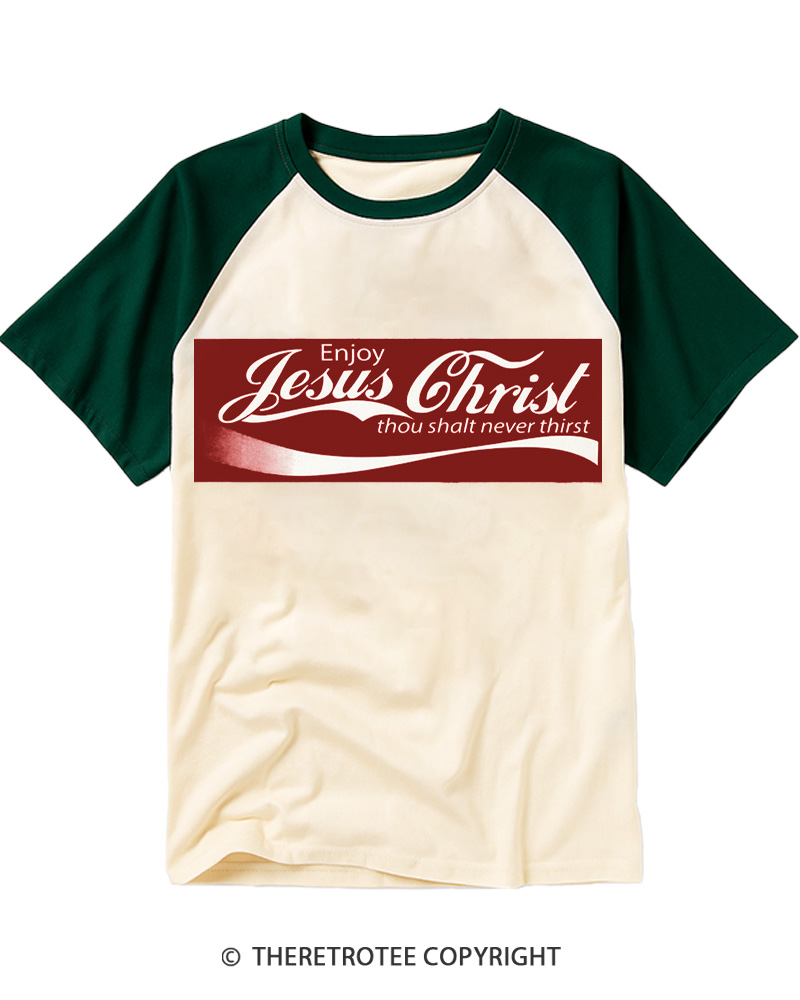 TheRetroTee Enjoy Jesus Christ Thou Shalt Never Thirst Raglan Baseball T-Shirt