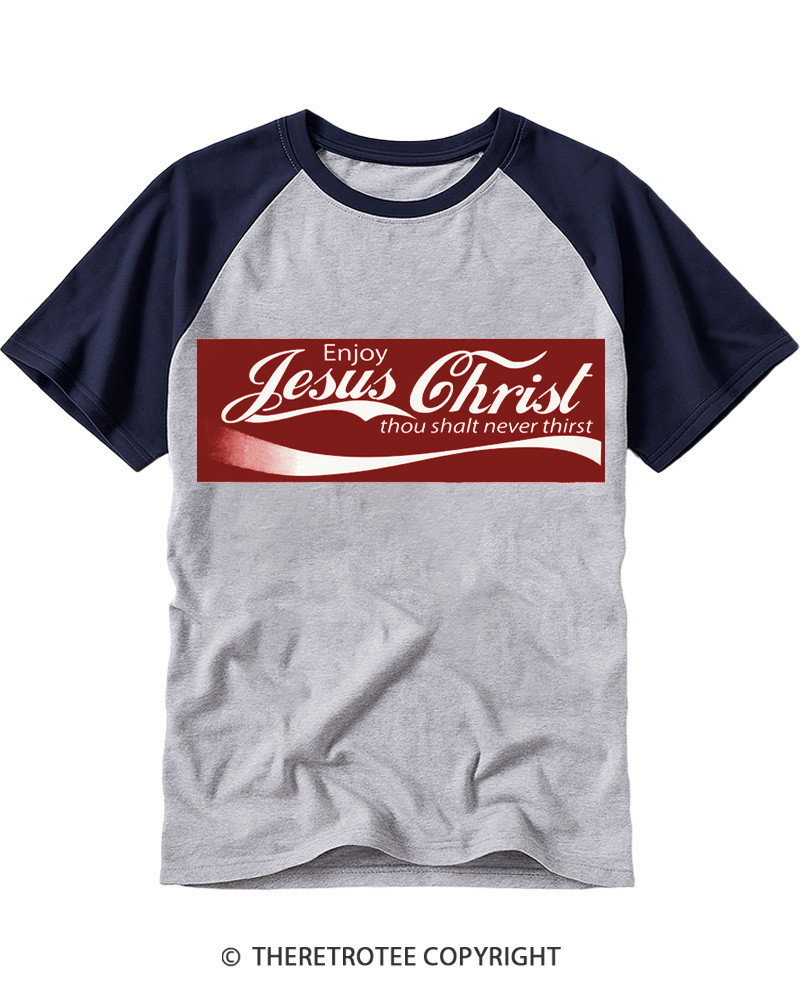 TheRetroTee Enjoy Jesus Christ Thou Shalt Never Thirst Raglan Baseball T-Shirt