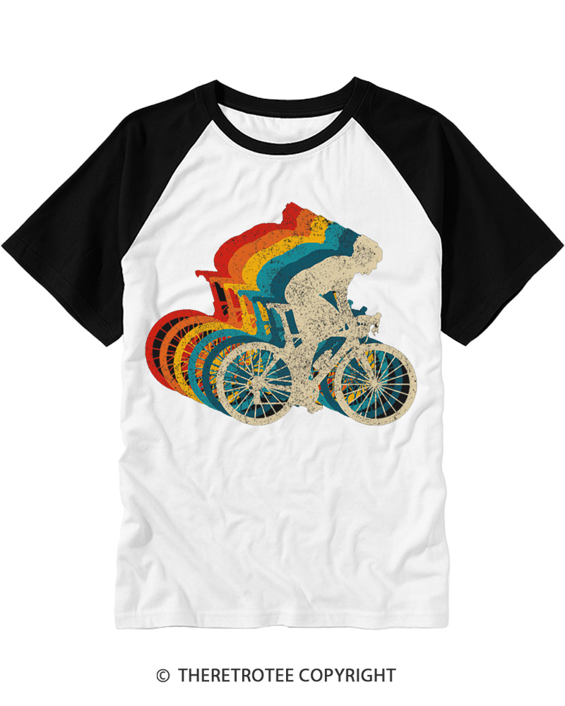 TheRetroTee Vintage Rainbow Cycling Biker Raglan Baseball T-Shirt
