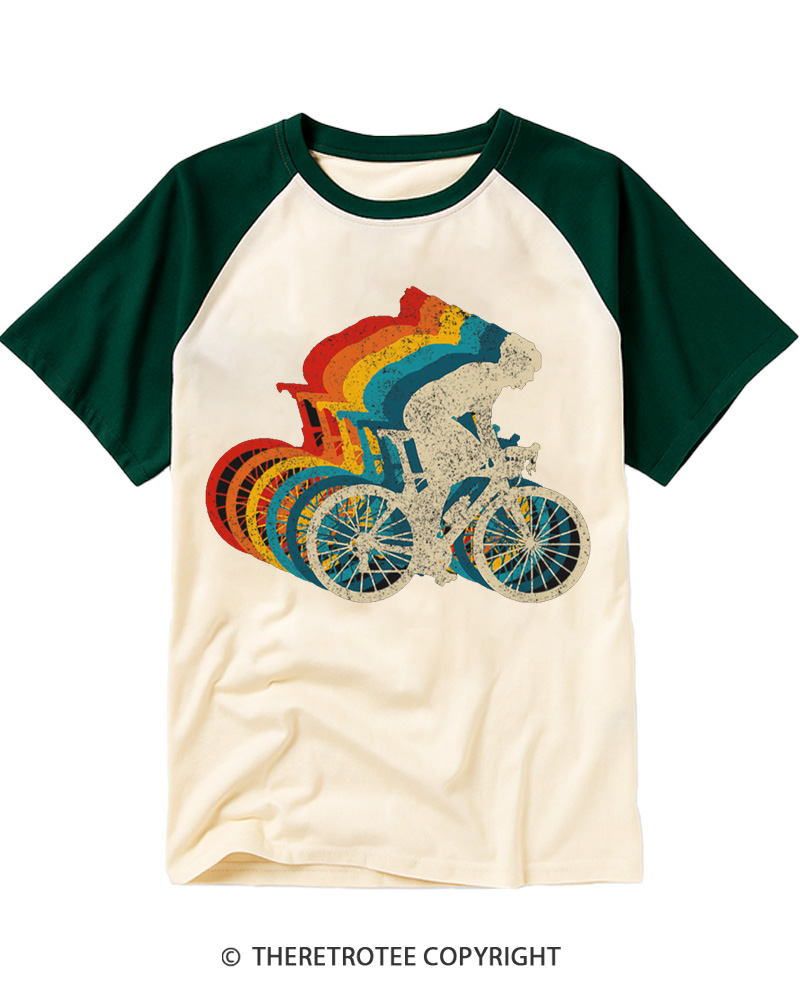 TheRetroTee Vintage Rainbow Cycling Biker Raglan Baseball T-Shirt