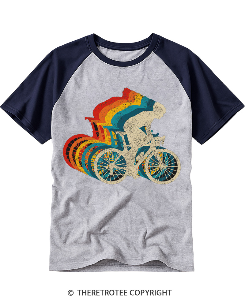 TheRetroTee Vintage Rainbow Cycling Biker Raglan Baseball T-Shirt