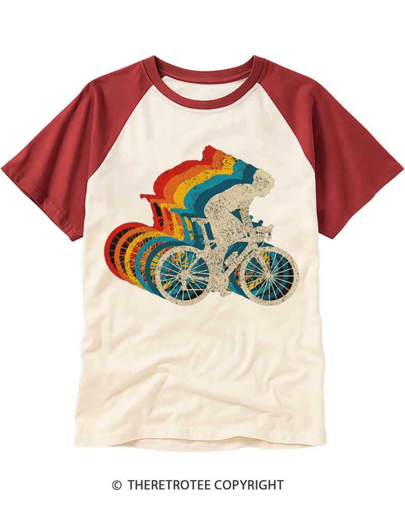 TheRetroTee Vintage Rainbow Cycling Biker Raglan Baseball T-Shirt