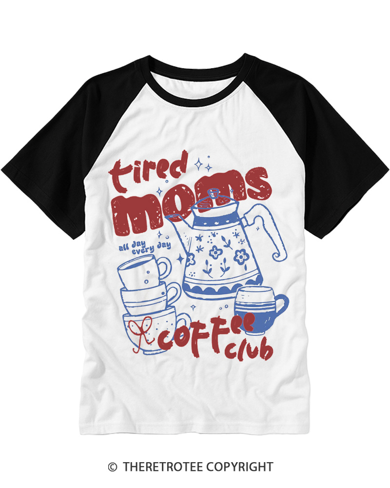 TheRetroTee Tired Moms Coffee Club 1970s Raglan Baseball T-Shirt