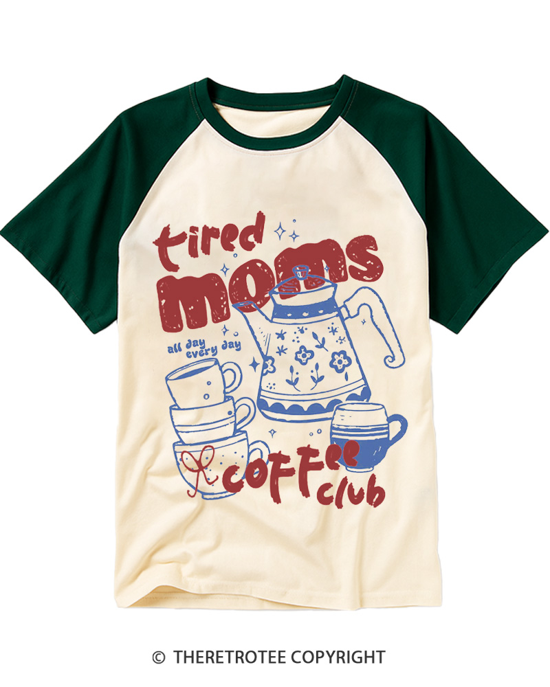 TheRetroTee Tired Moms Coffee Club 1970s Raglan Baseball T-Shirt