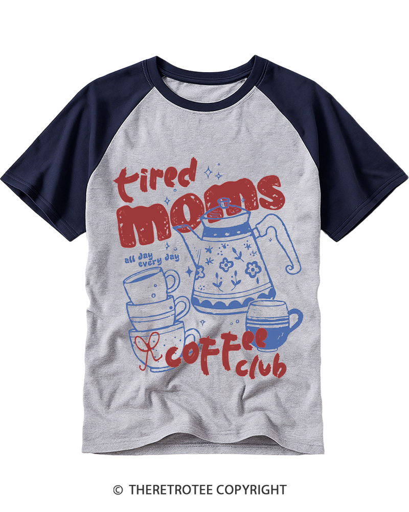 TheRetroTee Tired Moms Coffee Club 1970s Raglan Baseball T-Shirt
