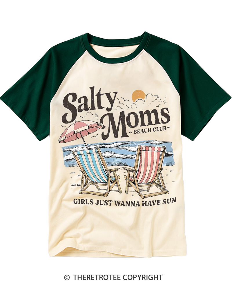 TheRetroTee Salty Moms Beach Club 1950s Raglan Baseball T-Shirt
