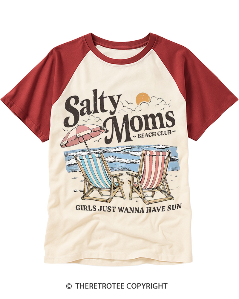 TheRetroTee Salty Moms Beach Club 1950s Raglan Baseball T-Shirt