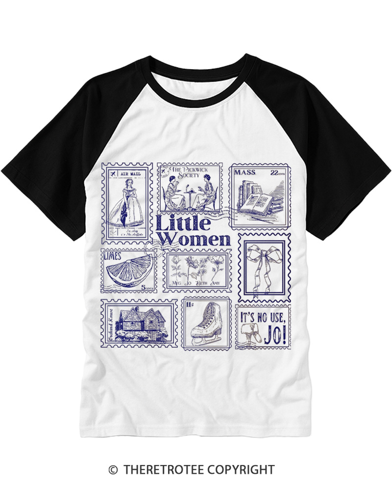 TheRetroTee Little Women Literary Stamp 1870s Raglan Baseball T-Shirt