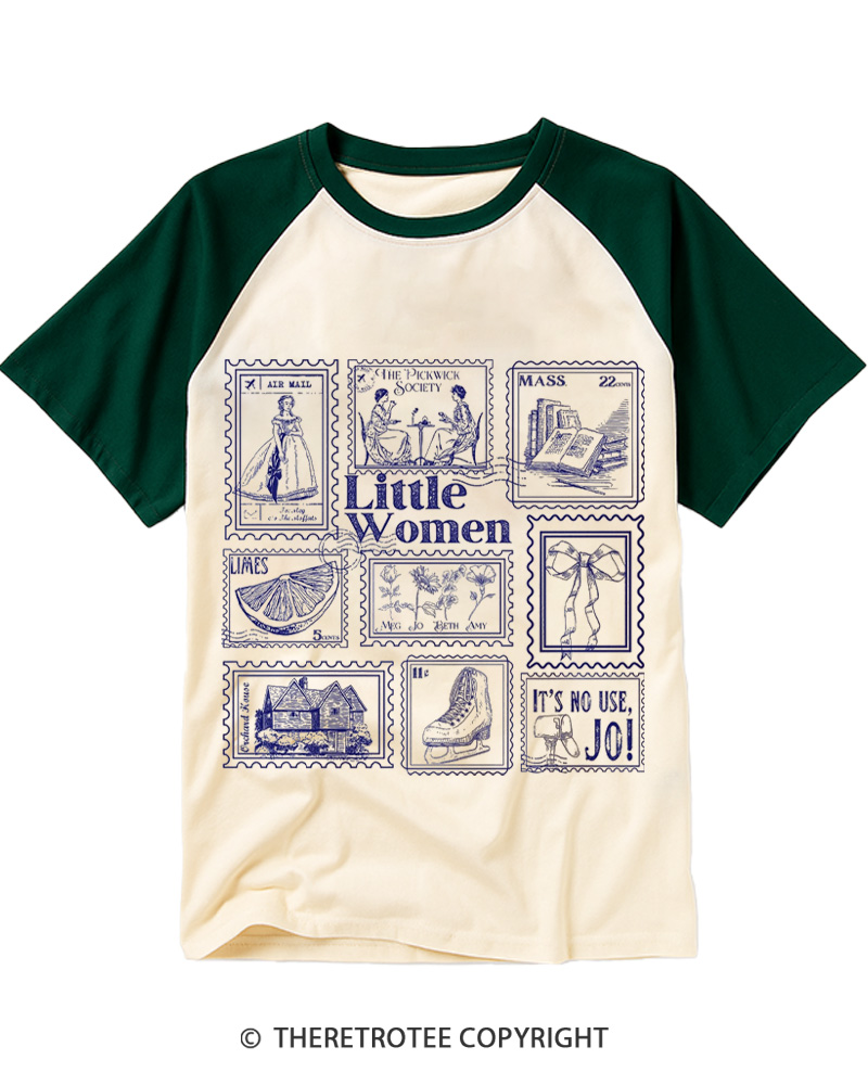 TheRetroTee Little Women Literary Stamp 1870s Raglan Baseball T-Shirt