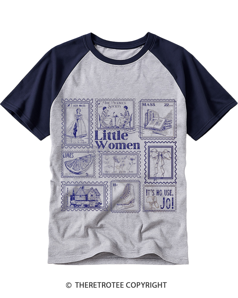 TheRetroTee Little Women Literary Stamp 1870s Raglan Baseball T-Shirt