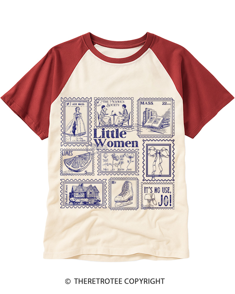 TheRetroTee Little Women Literary Stamp 1870s Raglan Baseball T-Shirt