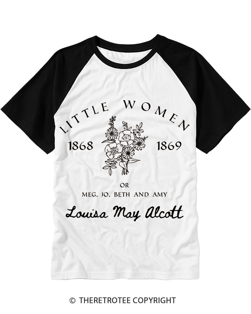 TheRetroTee Louisa May Alcott Floral 1870s Raglan Baseball T-Shirt
