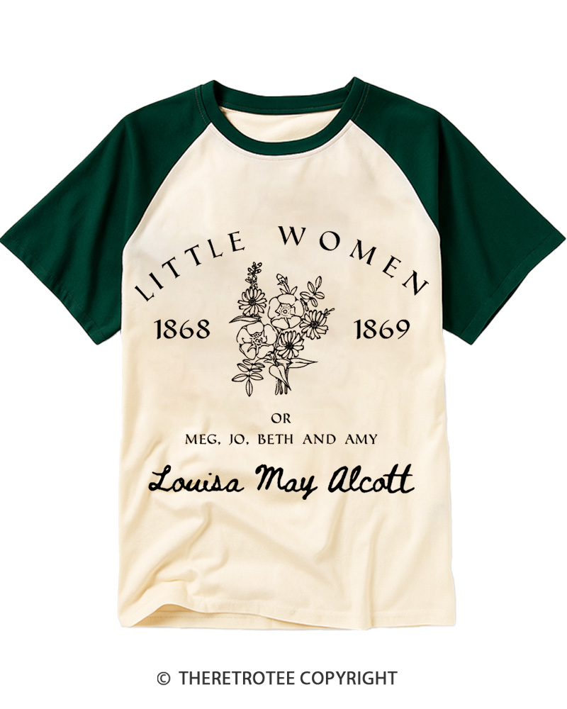 TheRetroTee Louisa May Alcott Floral 1870s Raglan Baseball T-Shirt