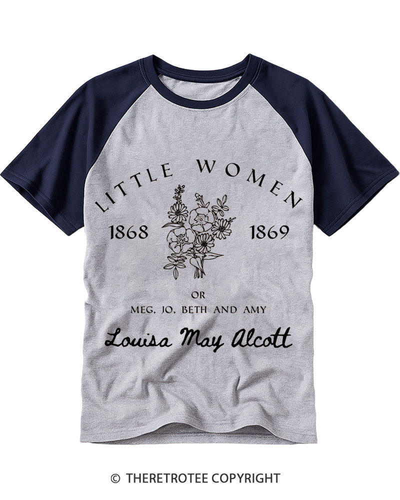TheRetroTee Louisa May Alcott Floral 1870s Raglan Baseball T-Shirt