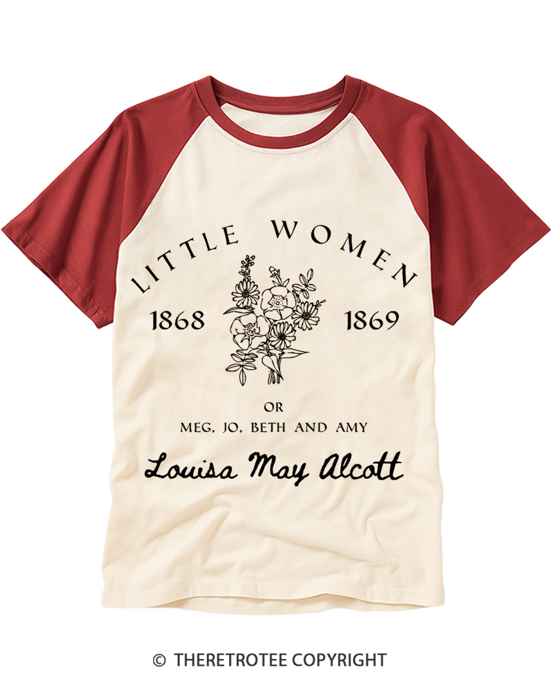 TheRetroTee Louisa May Alcott Floral 1870s Raglan Baseball T-Shirt