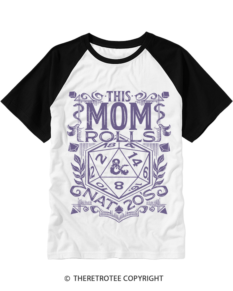 TheRetroTee This Mom Rolls Nat 20's 1980s Raglan Baseball T-Shirt