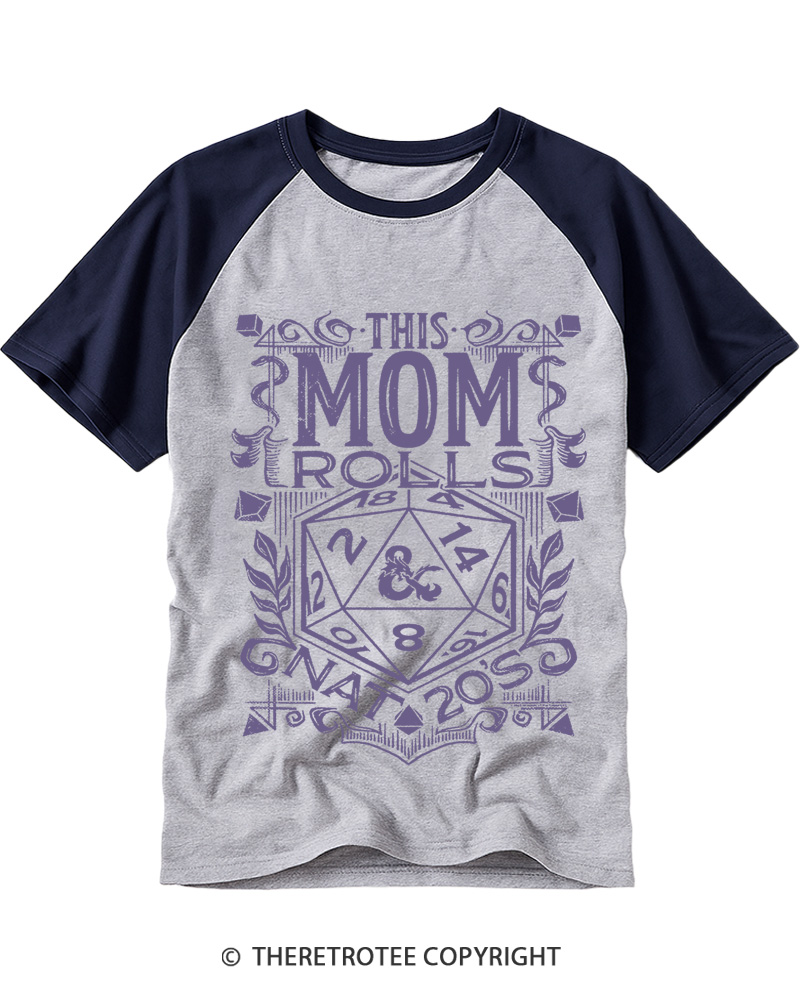 TheRetroTee This Mom Rolls Nat 20's 1980s Raglan Baseball T-Shirt