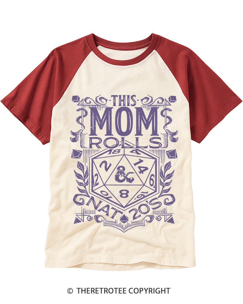 TheRetroTee This Mom Rolls Nat 20's 1980s Raglan Baseball T-Shirt