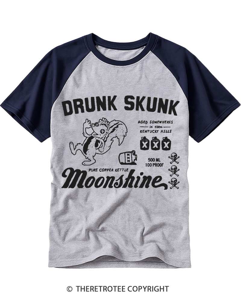 TheRetroTee Moonshine Drunk Skunk Funny 1970s Raglan Baseball T-Shirt
