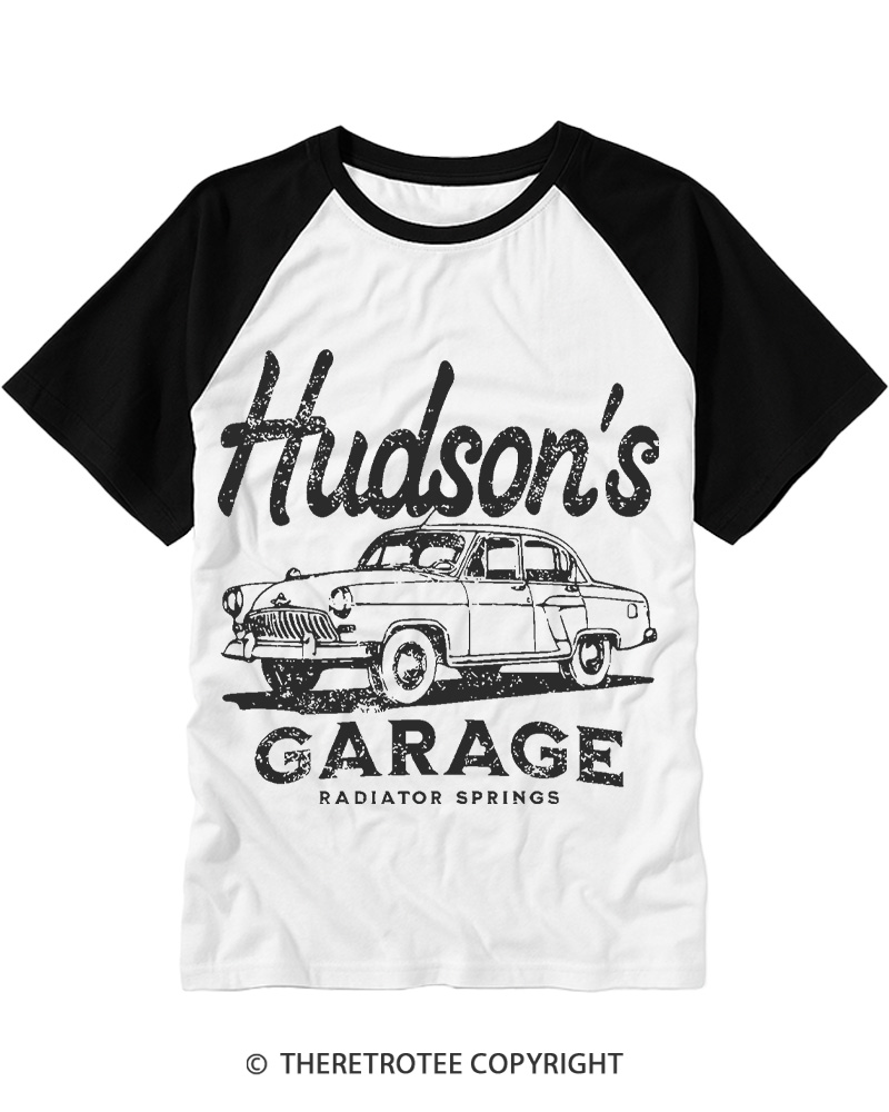 TheRetroTee Retro Doc Hudson's Garage 1970s Raglan Baseball T-Shirt
