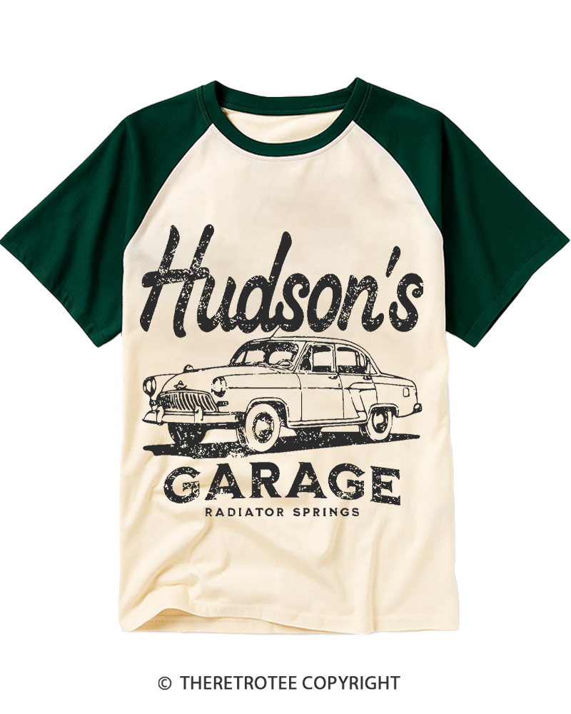 TheRetroTee Retro Doc Hudson's Garage 1970s Raglan Baseball T-Shirt