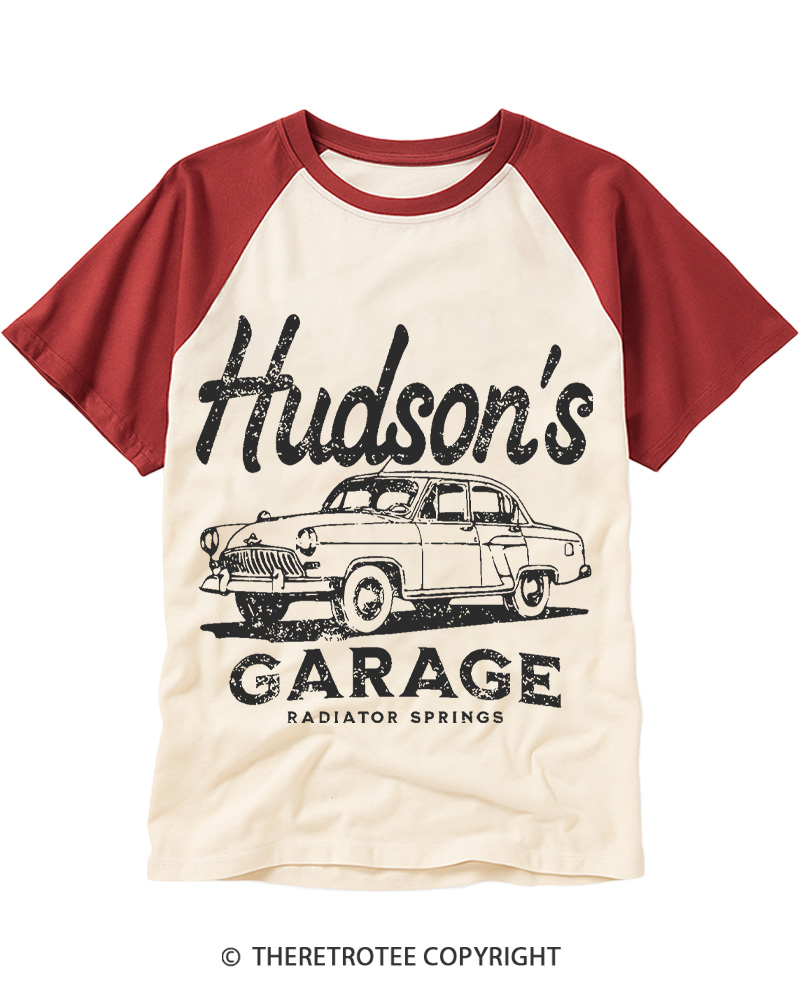 TheRetroTee Retro Doc Hudson's Garage 1970s Raglan Baseball T-Shirt