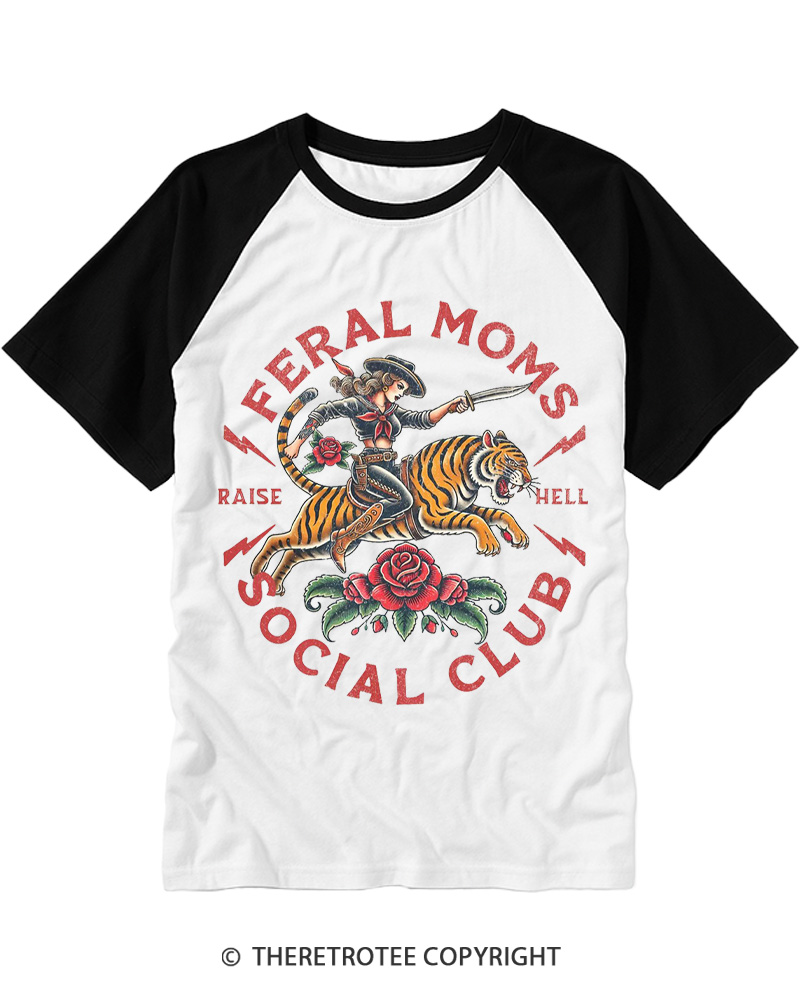 TheRetroTee Feral Moms Social Club 1950s Raglan Baseball T-Shirt