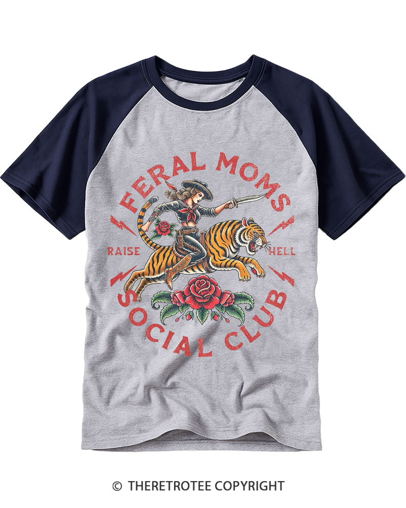 TheRetroTee Feral Moms Social Club 1950s Raglan Baseball T-Shirt