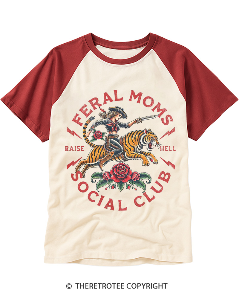 TheRetroTee Feral Moms Social Club 1950s Raglan Baseball T-Shirt
