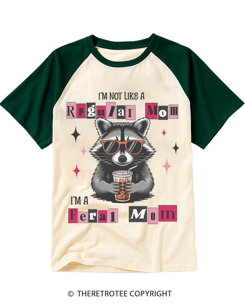 TheRetroTee I'm Not Like A Regular Mom, Feral Mom Raccoon 1980s Raglan Baseball T-Shirt