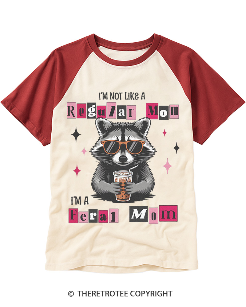 TheRetroTee I'm Not Like A Regular Mom, Feral Mom Raccoon 1980s Raglan Baseball T-Shirt