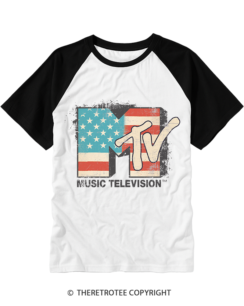 TheRetroTee American Flag Logo 1980s Raglan Baseball T-Shirt