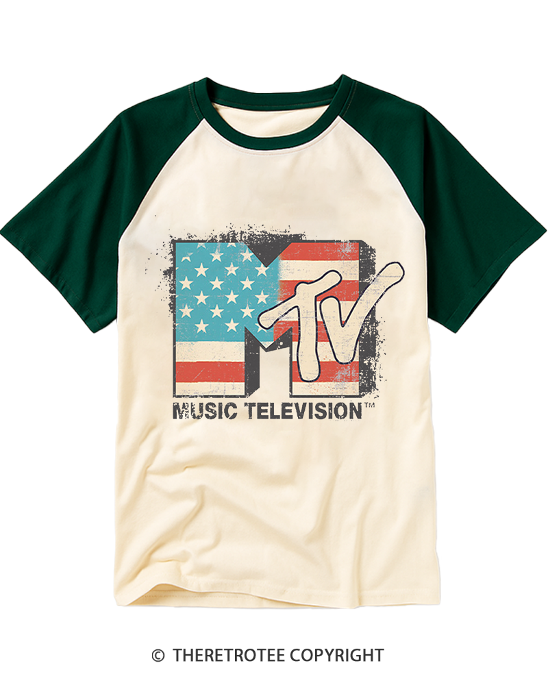 TheRetroTee American Flag Logo 1980s Raglan Baseball T-Shirt