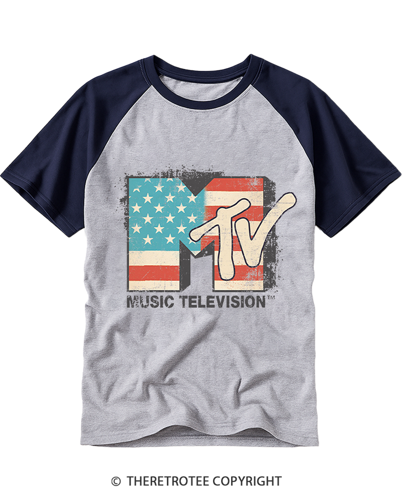 TheRetroTee American Flag Logo 1980s Raglan Baseball T-Shirt