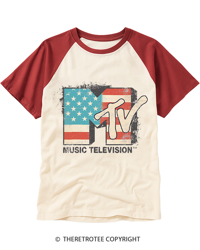 TheRetroTee American Flag Logo 1980s Raglan Baseball T-Shirt
