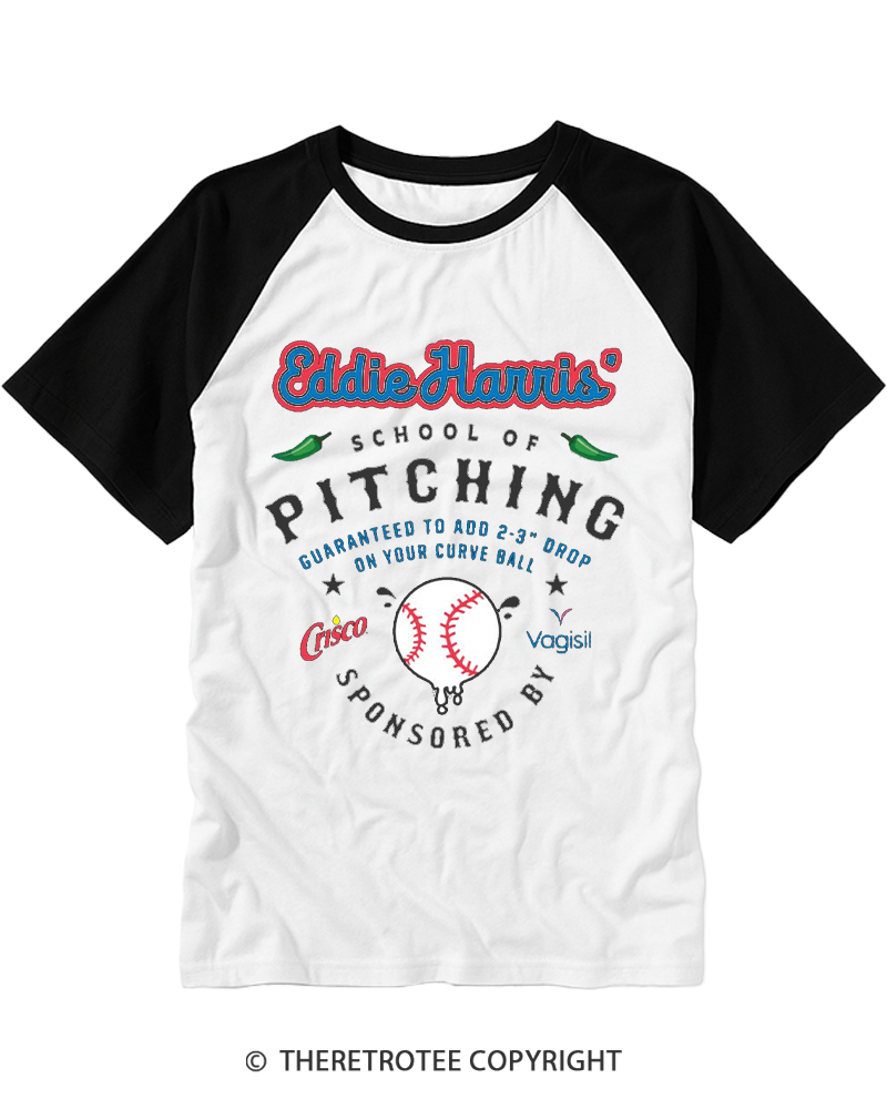 TheRetroTee School of Pitching 1980s Raglan Baseball T-Shirt