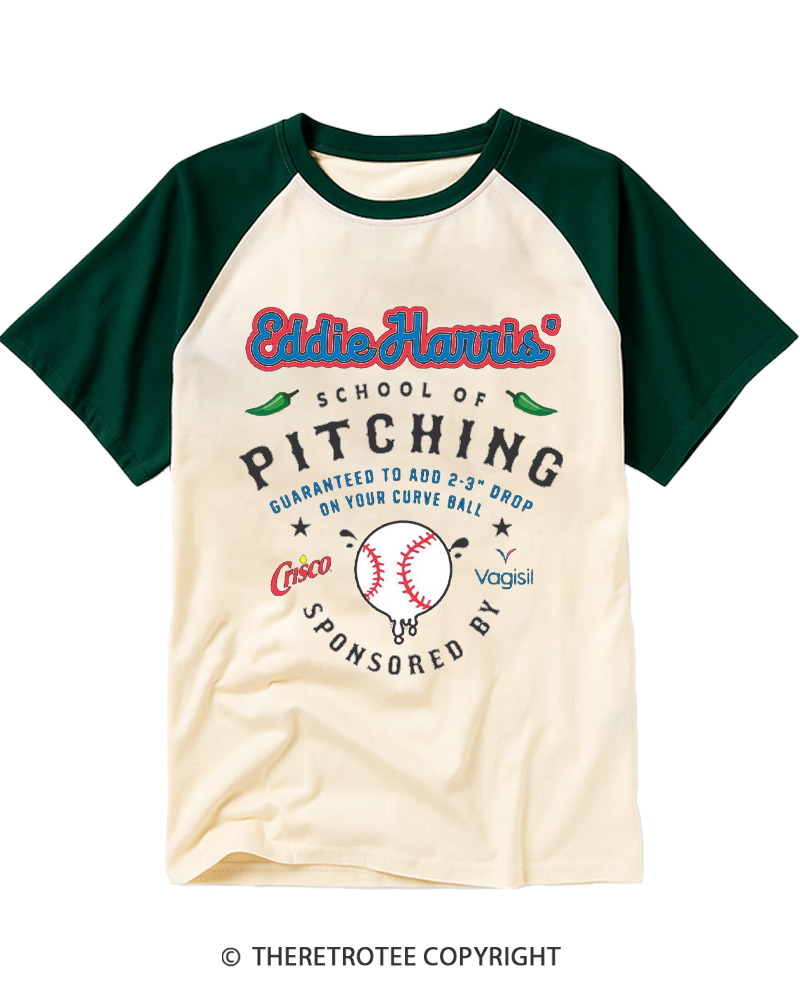 TheRetroTee School of Pitching 1980s Raglan Baseball T-Shirt